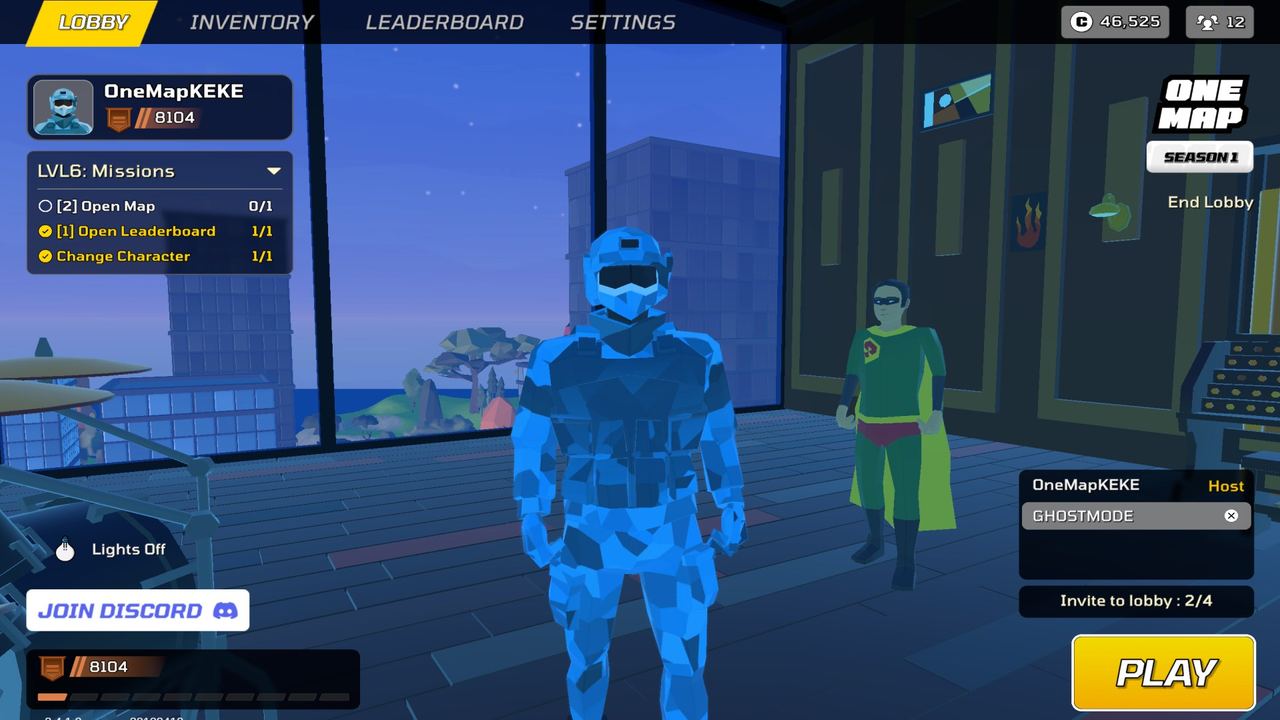 ONE MAP lobby with player character and missions
